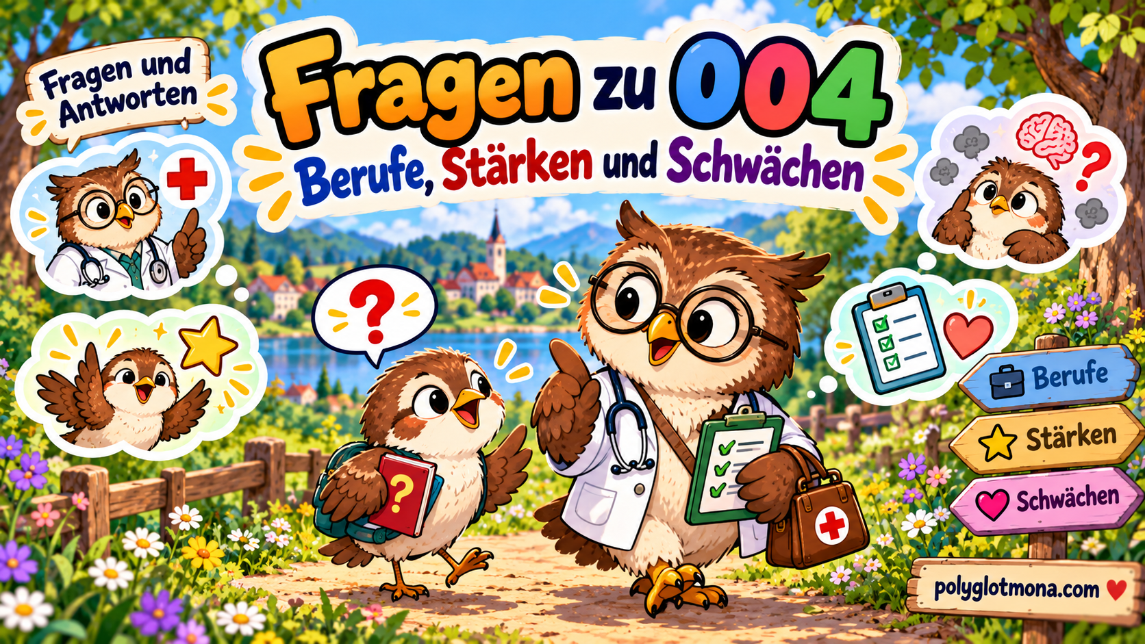 Geschützt: Fragen zu „004 Der Spatz und die Eule sprechen bei einem Spaziergang über ihre Berufe, ihre Stärken und ihre Schwächen“ – Übe Fragen und Antworten über Berufe, Stärken und Schwächen