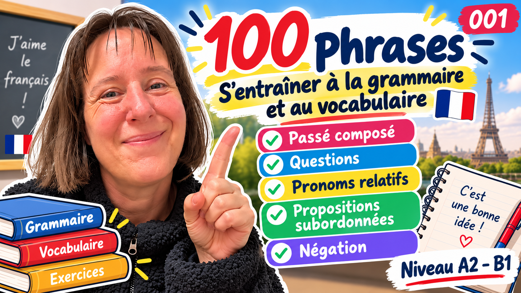 100 phrases – S&rsquo;entraîner à la grammaire et au vocabulaire – 001 : Passé composé, questions, pronoms relatifs, propositions subordonnées et négation (A2–B1)